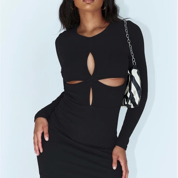 Princess Polly Moonlight Black Cutout Mini Dress Sz 2 Ribbed Long Sleeve - Picture 1 of 5
